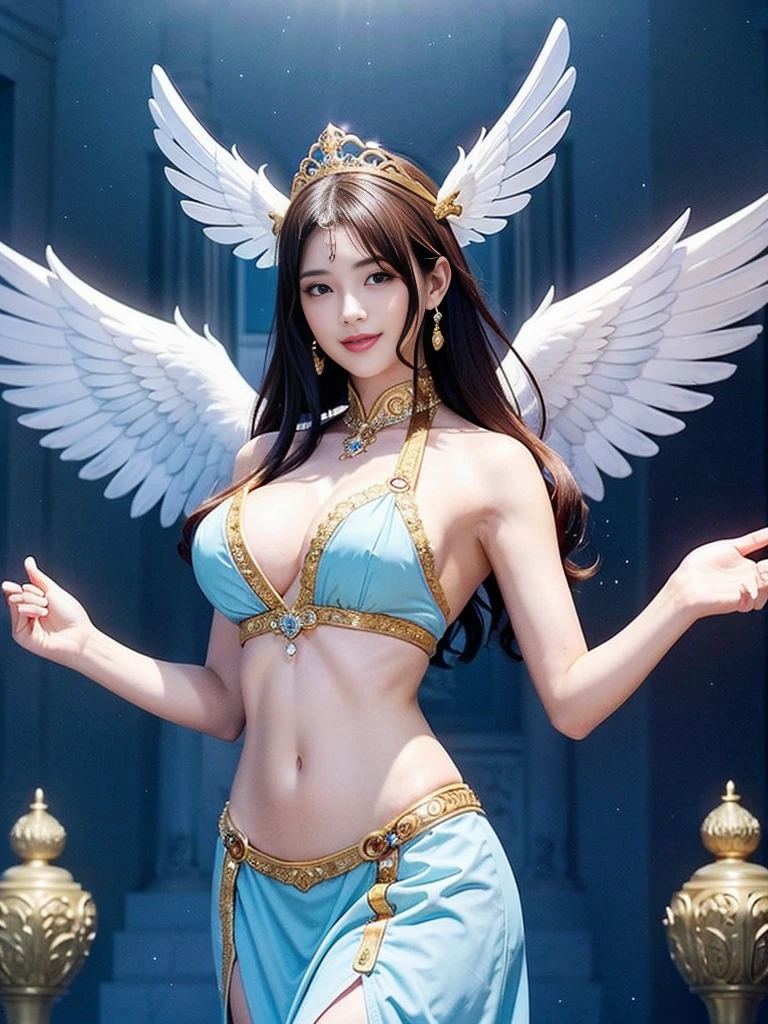 ((Very beautiful angel queen,The final form as a perfect angel, the masterpiece of an angel,Huge and intricate angel wings,The most dignified wings,Golden light,shining background,The most opulent and holy temple background,White and gold temple background,King of Angels,The most dignified angel,Intricate and solemn dresses,Light blue and gold embellishment dress on white,Light blue and gold dress on white base,Complex and majestic angel figure,The most majestic figure of the devil,The most intricately depicted figure of an angel,The World's Most Beautiful,Unimaginable beauties,divine atmosphere,The most intricate and beautiful dresses,Intricate reproduction of the perfect angelic detail,The figure of an unimaginably gorgeous angel,The figure of an unimaginably huge angel)), (((Tyndall effect;1.45))), ((Most beautiful face,Half Japan and half Spanish,The biggest happy smile,Beautiful wavy hair,Black and red hair,The most luxurious and intricate dresses,The biggest smile looking at the camera)),(Elegant standing figure,Fold your hands in front of your navel,)),Chest that seems to burst,Giant wings of angels,The background is the appearance of a perfect angel castle,Masterpiece,8K,very intricate,ultra-detailliert, nsfw