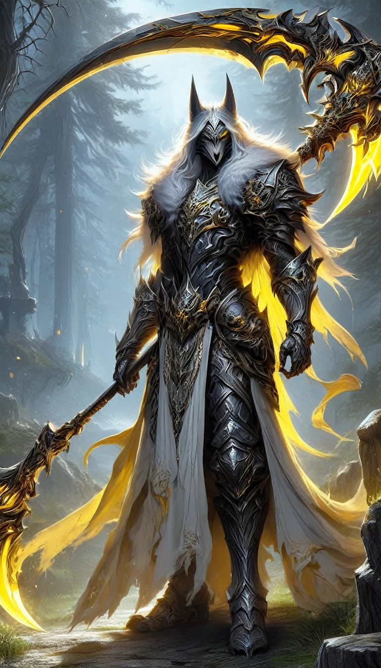 Den gray wolf with yellow eyes male holding a large scythe, posing, alone, arrogant expression, artwork, best art, full body, by taran violinist, detailed eyes, detailed body, claws, tall, topless, pectorals, abdomen, nipples , canes, armored pants, bandolier,