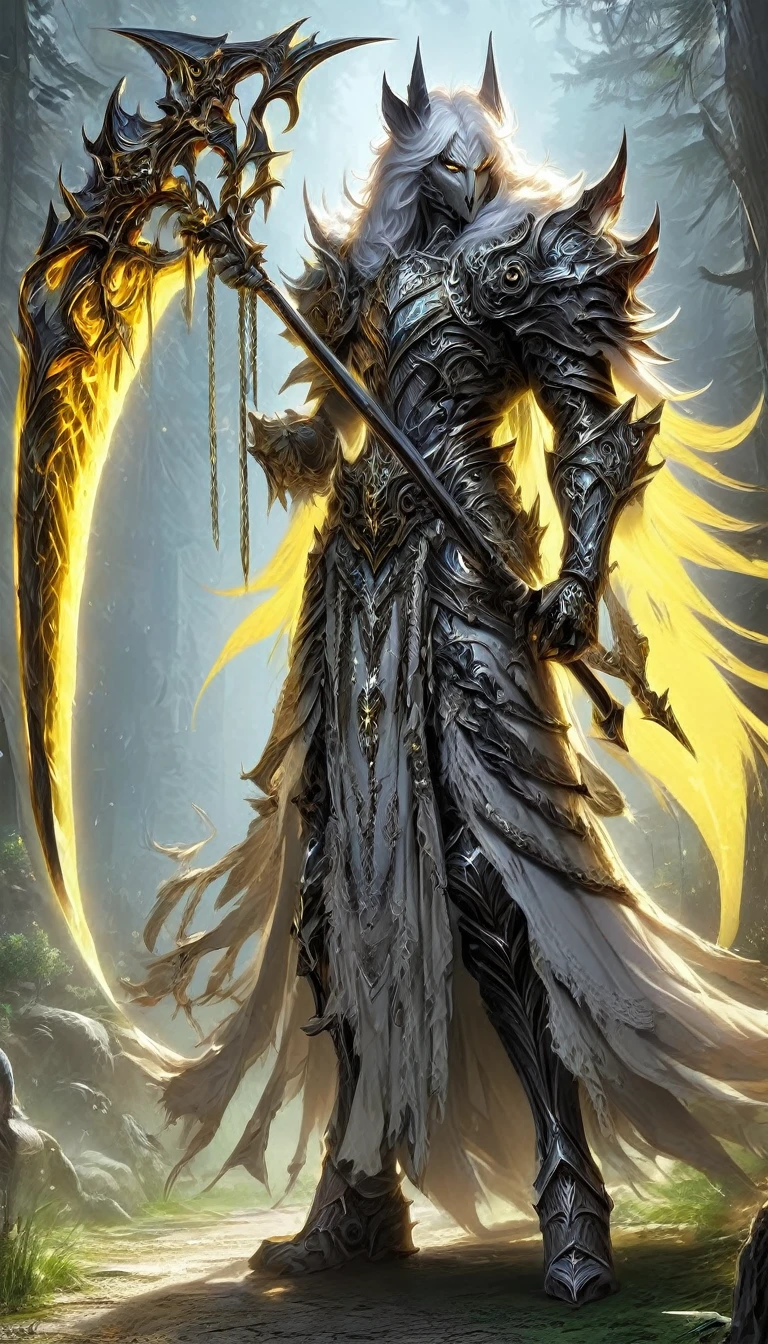 Den gray wolf with yellow eyes male holding a large scythe, posing, alone, arrogant expression, artwork, best art, full body, by taran violinist, detailed eyes, detailed body, claws, tall, topless, pectorals, abdomen, nipples , canes, armored pants, bandolier, 