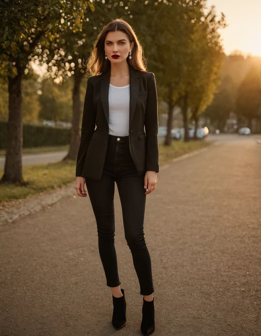 color digital photograph of Lucie Prochazka a woman from czech republic wearing (a black blazer), (a white t-shirt), (black skinny jeans), (black ankle boots), (pearl earrings), (red lipstick), and Slingbacks shoes shot on Nikon Z9 by Denis Karasev, 26 years old, slavic woman, pale skin, (long hair), tiny figure, small breasts, feeling (feeling Hate, Intense, Hostile, Aversion, Anger, Resentment, Disgust, Animosity, Hostility, Loathing, Malice, face: Scowl, Frown, Glare, Narrowed Eyes, Sneer, Lip Curl, Tense Jaw, Raised Eyebrows, Cold Stare, Contempt), at golden hour,full body, masterpiece, natural lighting, (outdoor setting:1.2), warm tones, side lighting, natural skin details, 4k, UHD, masterpiece, detailed eyes, detailed face, detailed skin, perfect hands, perfect feets, photo, high skin detail, moles, imperfect skin, ultra realism, RAW photo, subsurface scattering