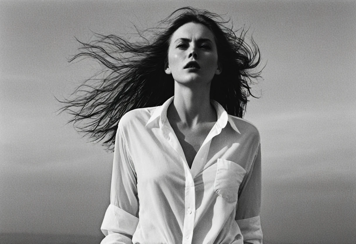 (dark mood masterpiece Photography by Mario Giacomelli:1.2), evil slavic woman, pale skin, long dark blond hair, Stunning b&w 35mm full body photo of a beautiful, perfecteyes, dark circles under eyes, highly detailed skin, (lightest freckles:0.9), standing in a casual pose with her hands on her nipples. wearing (wide-open:1.34) white_silk_shirt. unbuttoned shirt. (nipslip:1.4). a loose-fitting oversized men's unbuttoned shirt, open white business shirt. intricate poses by ruth bernhard. (Photography and style by ruth bernhard). 35mm, Hasselblad. capturing fashion-forward visuals, creating visual impact,evoking emotion,pushing creative boundaries. golden hour, shot from the side, playful pose, god rays,artistic photoshoot