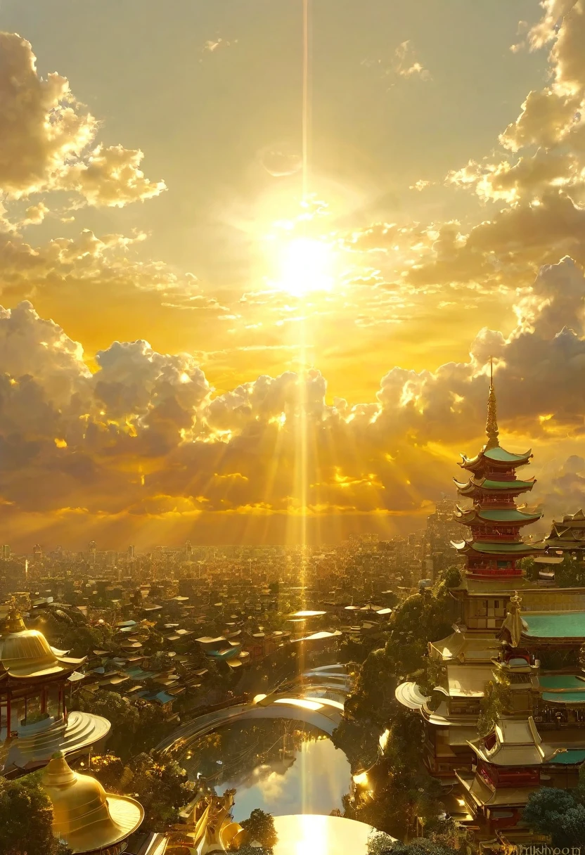 空に向かって上昇するgod秘的な都市、Digital Art, The clouds clear and the shining sun appears, Ascension Day，Golden Sun、Sky City、god々Utopian、There is one relic。空中に浮かぶgod々Our Sky Garden、Angel Ladder、