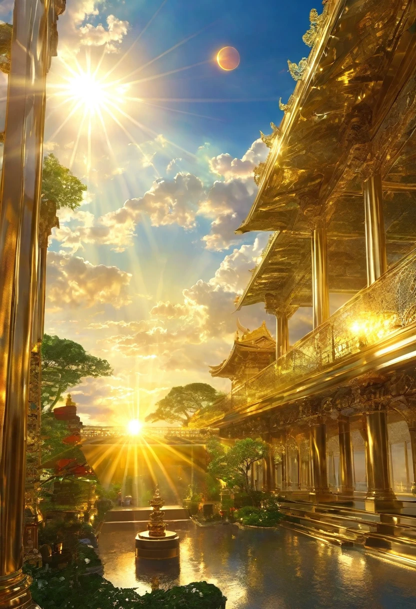 空に向かって上昇するgod秘的な都市、Digital Art, The clouds clear and the shining sun appears, Ascension Day,Golden Sun、Sky City、god々Utopian、There is one relic。空中に浮かぶgod々Our Sky Garden、Angel Ladder、