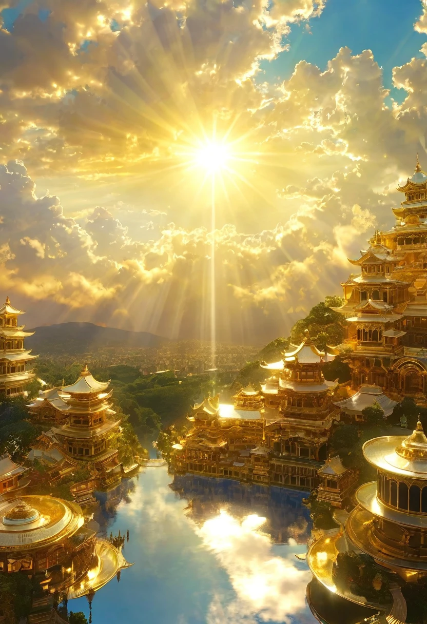 空に向かって上昇するgod秘的な都市、Digital Art, The clouds clear and the shining sun appears, Ascension Day,Golden Sun、Sky City、god々Utopian、There is one relic。空中に浮かぶgod々Our Sky Garden、Angel Ladder、