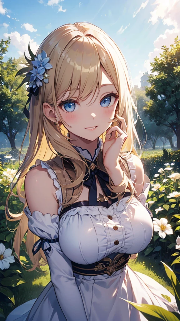 masterpiece、Highest quality、High resolution、High-quality images、8K, Adult women、Skin Radiance、Texture of skin and clothing、Expression of fine eyes、Shiny blonde hair、Long Hair Girl、dress, Beautiful bright light blue eyes, Fuller lips, Gorgeous face with attention to detail, (Cute Smile), charm, Innocent, (Perfectly detailed face), (Beautiful Hands) Photorealistic images, Written boundary depth, flower、sun、Big Breasts、garden、、Feather ornament、White clothes、goddess