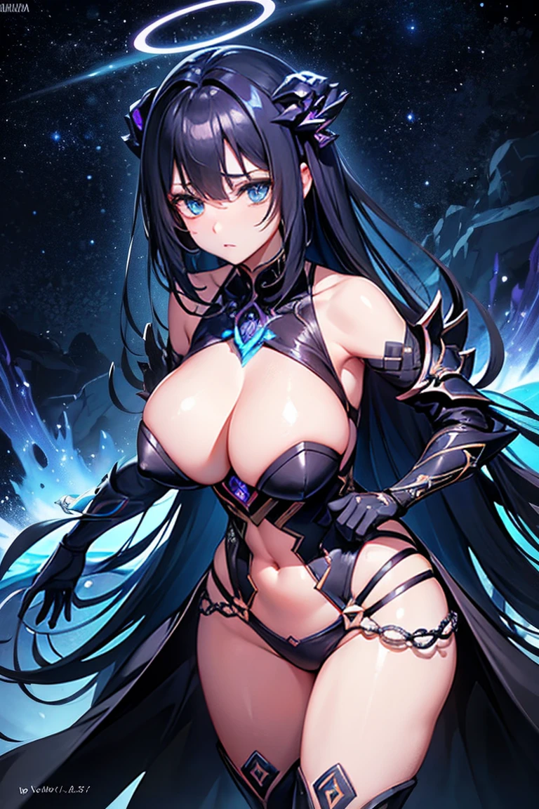majestic pose: Noxira is standing, emanating an aura of power and mystery, with eyes shining with a deep darkness.Cryptic Expression: Your face reveals relentless determination, without showing emotions, as if looking at the universe with disdain.dark environment: She is surrounded by a halo of dense shadows and shooting stars, highlighting her nature as Goddess of the Void.armor details: The black armor is adorned with intricate patterns reminiscent of distant galaxies and nebulae., Reflecting Your Connection to the Cosmos.stellar background: The scenery behind her is a starry sky, with bright stars and a gloomy atmosphere, complementing its imposing presence.