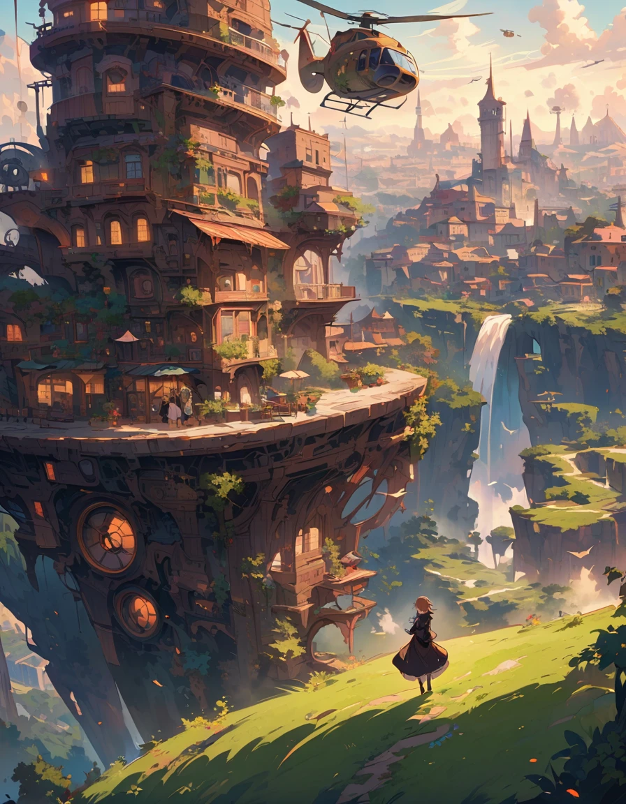 anime style, In a steampunk world, a helicopter powered by steam and gears flies above the city, BREAK passing over the head of a girl standing on a hilltop. She looks up at the massive machine with eyes full of surprise and admiration, BREAK her gaze reflecting a longing for adventure and hope for the future. The surroundings are quiet, with only the occasional sound of the helicopter's blades carried by the wind.