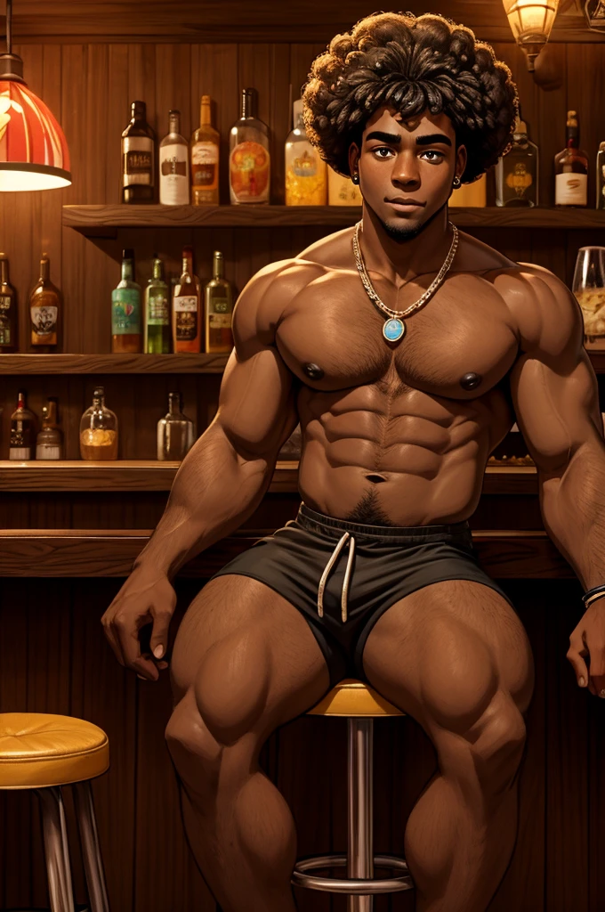 hot black male, dark skin, with a afro haircut, early 20s, sitting on bar stool in hawaii bar