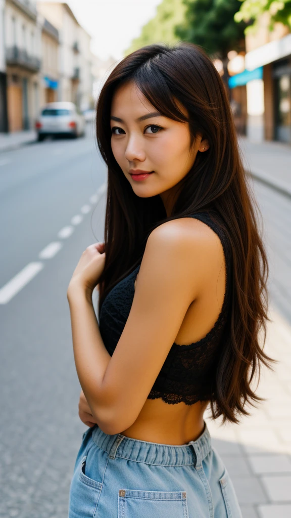 Brune, asian brunette, lovely woman, 20 ans, hands in hair, selfie on a street in summer
