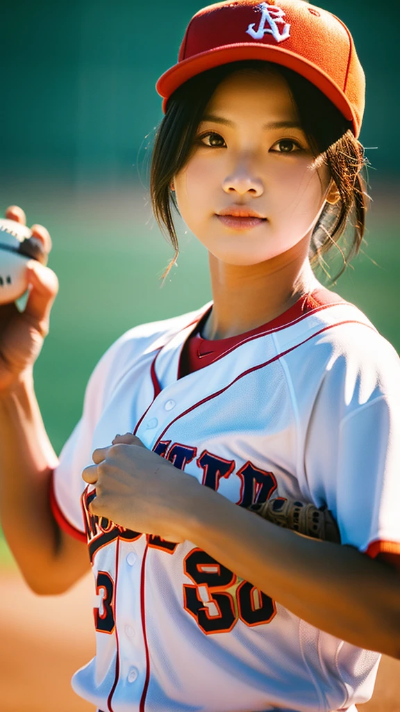 a woman baseball player,pitcher,photo realistic,she is pitching,front view,dogers,glowing skin, Sony α7, 35mm Lens, f1.8, film grain, golden hour, soft lighting