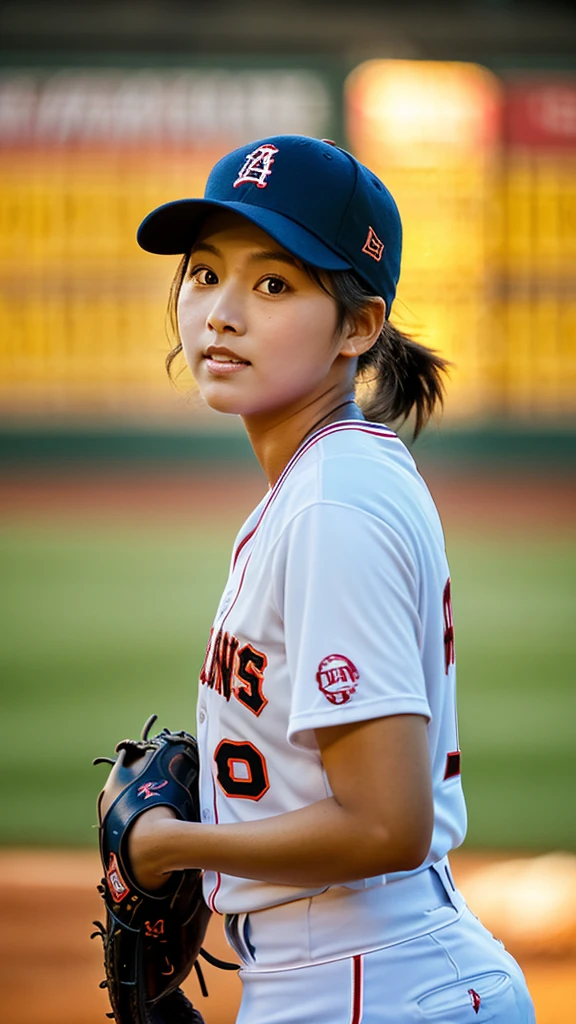 a woman baseball player,pitcher,photo realistic,she is pitching,front view,dogers,glowing skin, Sony α7, 35mm Lens, f1.8, film grain, golden hour, soft lighting