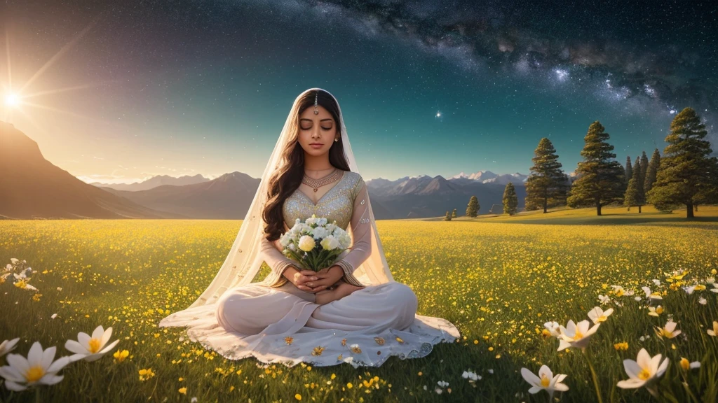 In a breathtaking cinematic scene, the camera pans across the vast expanse of space, filled with twinkling stars and distant galaxies. Amidst this cosmic backdrop, we see Aaradhya, seated gracefully on a lush green grass field, surrounded by a vibrant array of colorful flowers in full bloom. The sunlight bathes the scene in a soft, golden glow, casting gentle shadows and illuminating the delicate petals of the flowers. The camera, set at a wide-angle lens of 24mm, captures the vastness of the celestial landscape, emphasizing the contrast between the ethereal beauty of space and the natural splendor of the earthly setting. As the camera slowly zooms in on Aaradhya, positioned at the center of the frame, her serene expression radiates a sense of tranquility and inner peace. The scene unfolds with a sense of wonder and awe, inviting viewers to immerse themselves in the surreal beauty of this cosmic oasis.