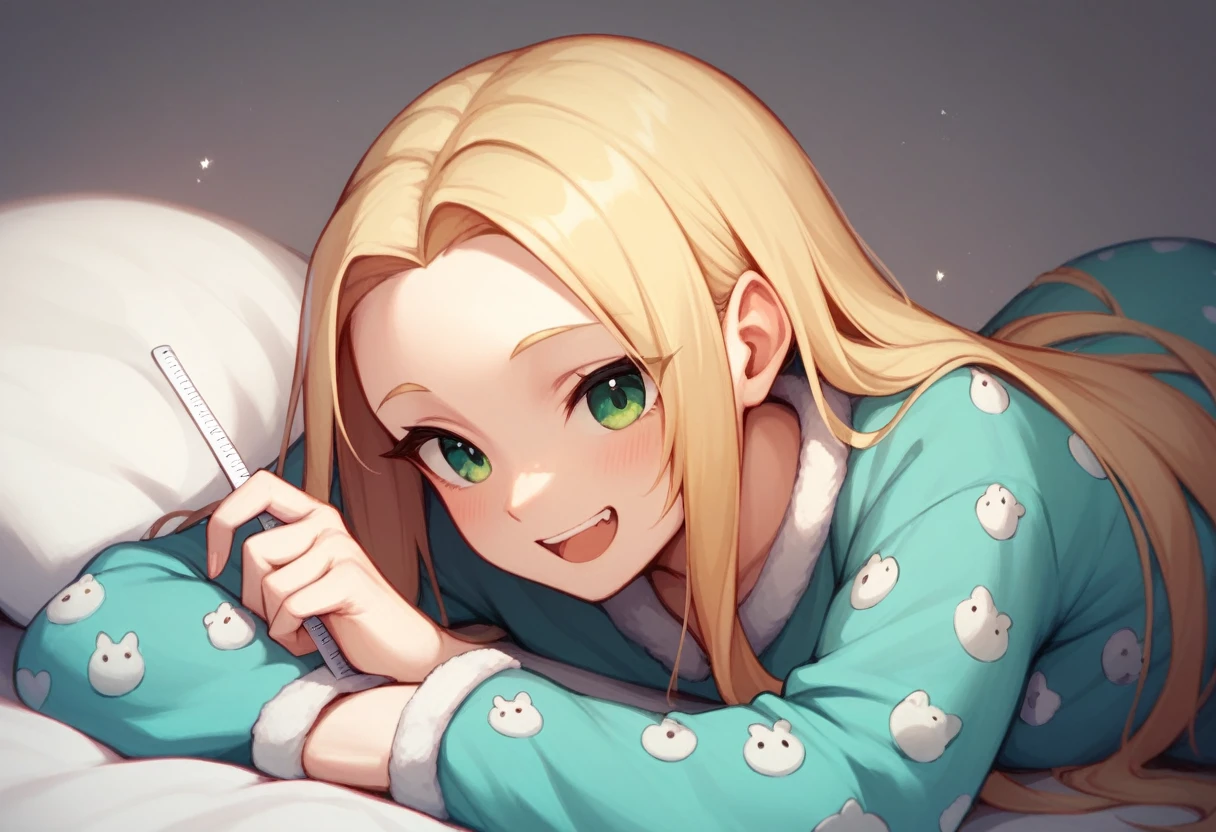 16 year old girl measuring 168cm blonde with long hair and bare forehead warm green eyes quite outgoing and very happy playing video games in pajamas