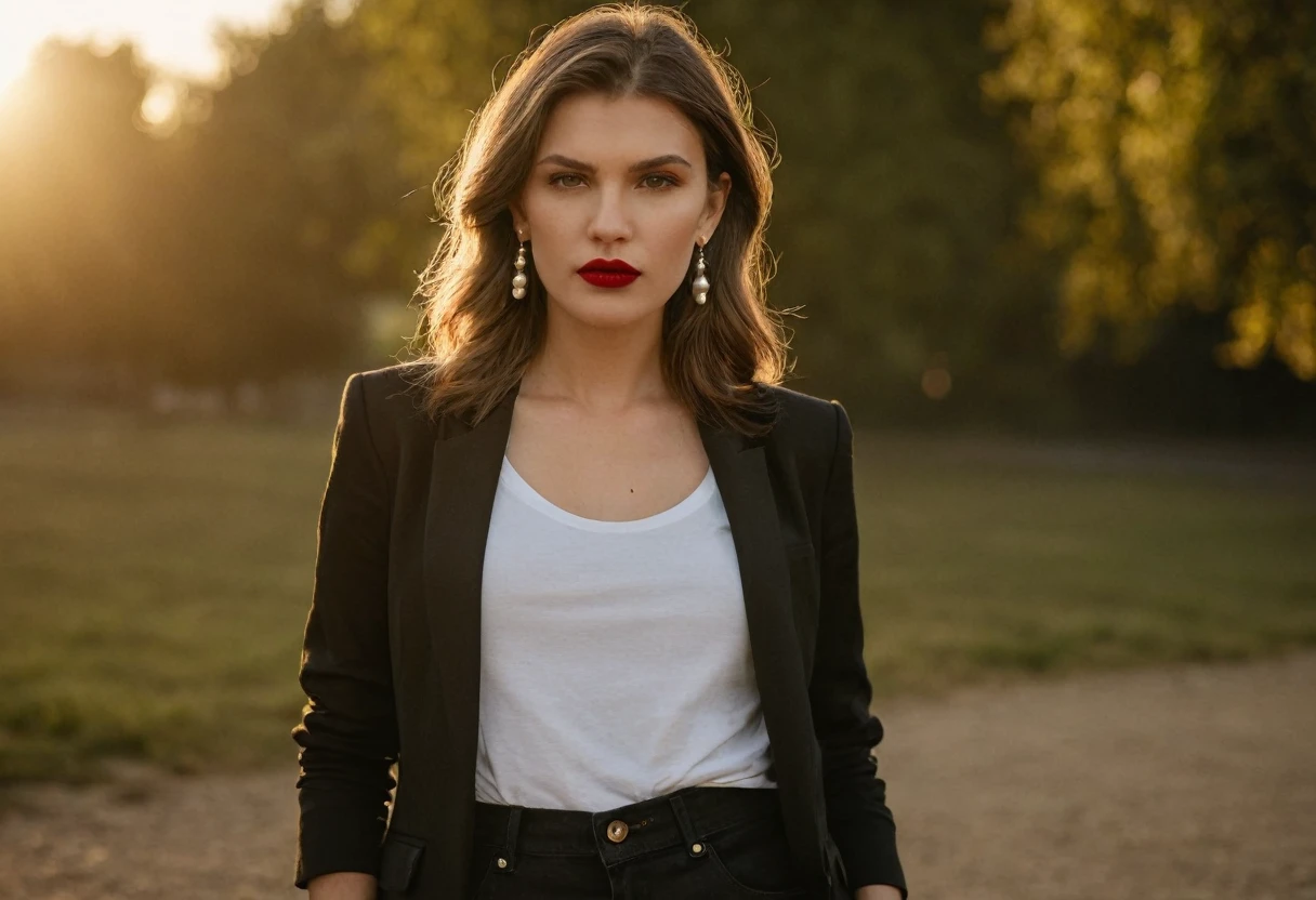 color digital photograph of Lucie Prochazka a woman from czech republic wearing (a black blazer), (a white t-shirt), (black skinny jeans), (black ankle boots), (pearl earrings), (red lipstick), and Slingbacks shoes shot on Nikon Z9 by Denis Karasev, 26 years old, slavic woman, pale skin, (long hair), tiny figure, small , feeling (feeling Hate, Intense, Hostile, Aversion, Anger, Resentment, Disgust, Animosity, Hostility, Loathing, Malice, face: Scowl, Frown, Glare, Narrowed Eyes, Sneer, Lip Curl, Tense Jaw, Raised Eyebrows, Cold Stare, Contempt), at golden hour,full body, masterpiece, natural lighting, (outdoor setting:1.2), warm tones, side lighting, natural skin details, 4k, UHD, masterpiece, detailed eyes, detailed face, detailed skin, perfect hands, perfect feets, photo, high skin detail, moles, imperfect skin, ultra realism, RAW photo, subsurface scattering