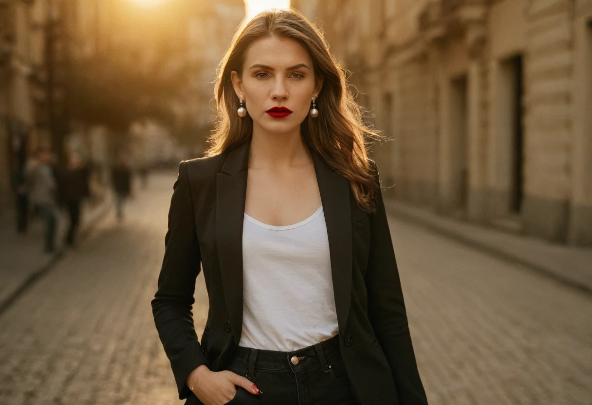 color digital photograph of Lucie Prochazka a woman from czech republic wearing (a black blazer), (a white t-shirt), (black skinny jeans), (black ankle boots), (pearl earrings), (red lipstick), and Slingbacks shoes shot on Nikon Z9 by Denis Karasev, 26 years old, slavic woman, pale skin, (long hair), tiny figure, small breasts, feeling (feeling Hate, Intense, Hostile, Aversion, Anger, Resentment, Disgust, Animosity, Hostility, Loathing, Malice, face: Scowl, Frown, Glare, Narrowed Eyes, Sneer, Lip Curl, Tense Jaw, Raised Eyebrows, Cold Stare, Contempt), at golden hour,full body, masterpiece, natural lighting, (outdoor setting:1.2), warm tones, side lighting, natural skin details, 4k, UHD, masterpiece, detailed eyes, detailed face, detailed skin, perfect hands, perfect feets, photo, high skin detail, moles, imperfect skin, ultra realism, RAW photo, subsurface scattering