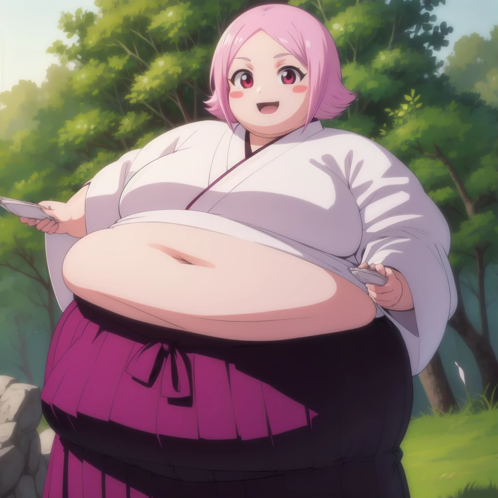 yachirukusajishi, yachiru kusajishi, short hair, pink hair, (pink eyes:1.5), blush stickers, open mouth, forehead,
BREAK long sleeves, japanese clothes, hakama, black hakama,
BREAK outdoors,
BREAK looking at viewer, (cowboy shot:1.5),
BREAK (masterpiece:1.2), best quality, high resolution, unity 8k wallpaper, (illustration:0.8), (beautiful detailed eyes:1.6), extremely detailed face, perfect lighting, extremely detailed CG, (perfect hands, perfect anatomy), standing, smile, blush, solo, 1girl, SSBBW yachiru kusajishi, big cheeks, ssbbw, severely obese ,600lbs obese female, no pupils, ultra detailed, masterpiece, best quality, aesthetic, detailed, Fluffy and Fat Face, Big Butt, Big Cheeks, Obese Body, Sexy, Obese Girl, Happy, Cute Expression, Very Hot, bbwchan, nsfw, manhwa, oppai proportions, she has a jiggly fat round belly, body swelling about to explode, thicc, with a large breasts, doujin