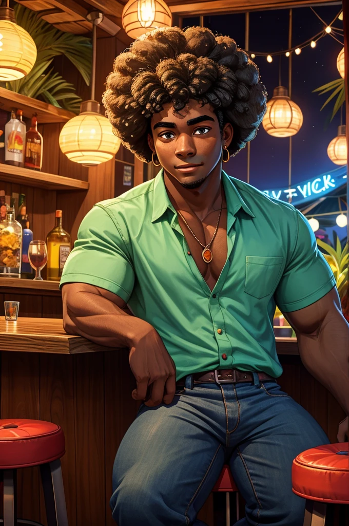 a handsome young black man with an afro haircut, sitting on a bar stool in a hawaiian bar, dark skin, detailed facial features, muscular build, casual outfit, tropical atmosphere, colorful lights, reflections on bar surface, bokeh background