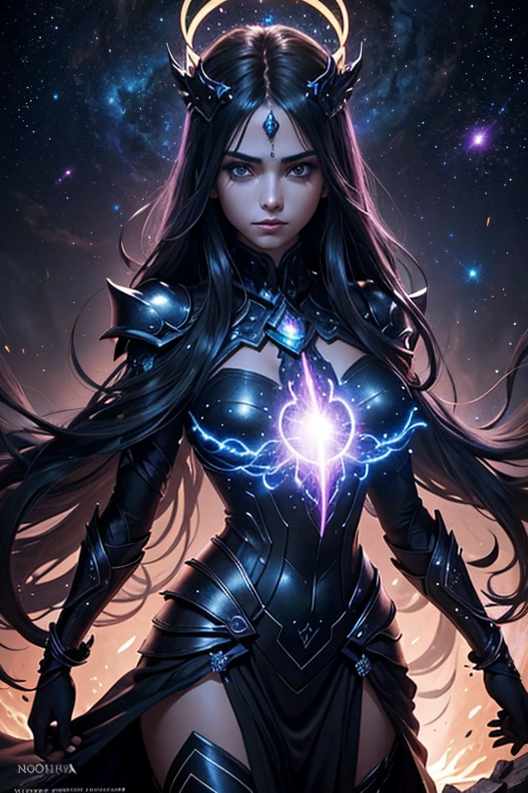 majestic pose: Noxira is standing, emanating an aura of power and mystery, with eyes shining with a deep darkness.Cryptic Expression: Your face reveals relentless determination, without showing emotions, as if looking at the universe with disdain.dark environment: She is surrounded by a halo of dense shadows and shooting stars, highlighting her nature as Goddess of the Void.armor details: The black armor is adorned with intricate patterns reminiscent of distant galaxies and nebulae., Reflecting Your Connection to the Cosmos.stellar background: The scenery behind her is a starry sky, with bright stars and a gloomy atmosphere, complementing its imposing presence.