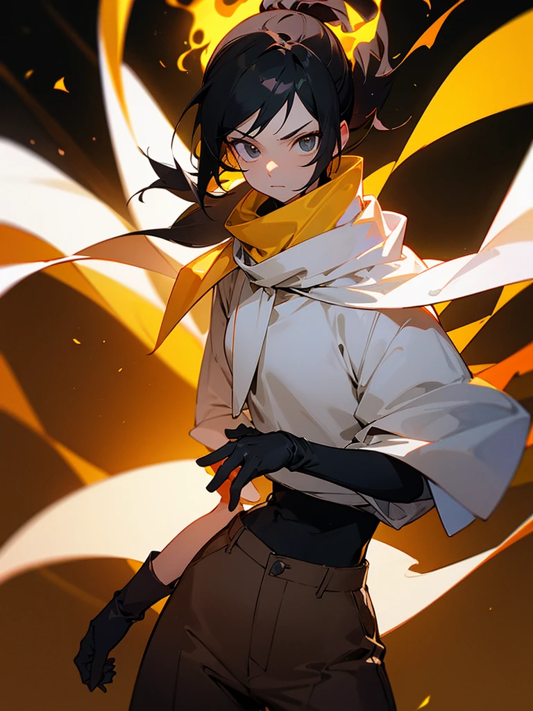 Yellow goggle helmet Shadowed face Black gloves Ponytail Black T-shirt Brown pants Flame background White cape Black scarf Androgynous Pose with hands on hips Black hair