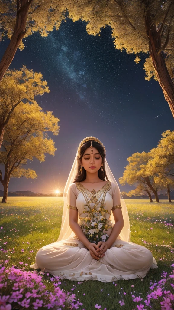 In a breathtaking cinematic scene, the camera pans across the vast expanse of space, filled with twinkling stars and distant galaxies. Amidst this cosmic backdrop, we see Aaradhya, seated gracefully on a lush green grass field, surrounded by a vibrant array of colorful flowers in full bloom. The sunlight bathes the scene in a soft, golden glow, casting gentle shadows and illuminating the delicate petals of the flowers. The camera, set at a wide-angle lens of 24mm, captures the vastness of the celestial landscape, emphasizing the contrast between the ethereal beauty of space and the natural splendor of the earthly setting. As the camera slowly zooms in on Aaradhya, positioned at the center of the frame, her serene expression radiates a sense of tranquility and inner peace. The scene unfolds with a sense of wonder and awe, inviting viewers to immerse themselves in the surreal beauty of this cosmic oasis.