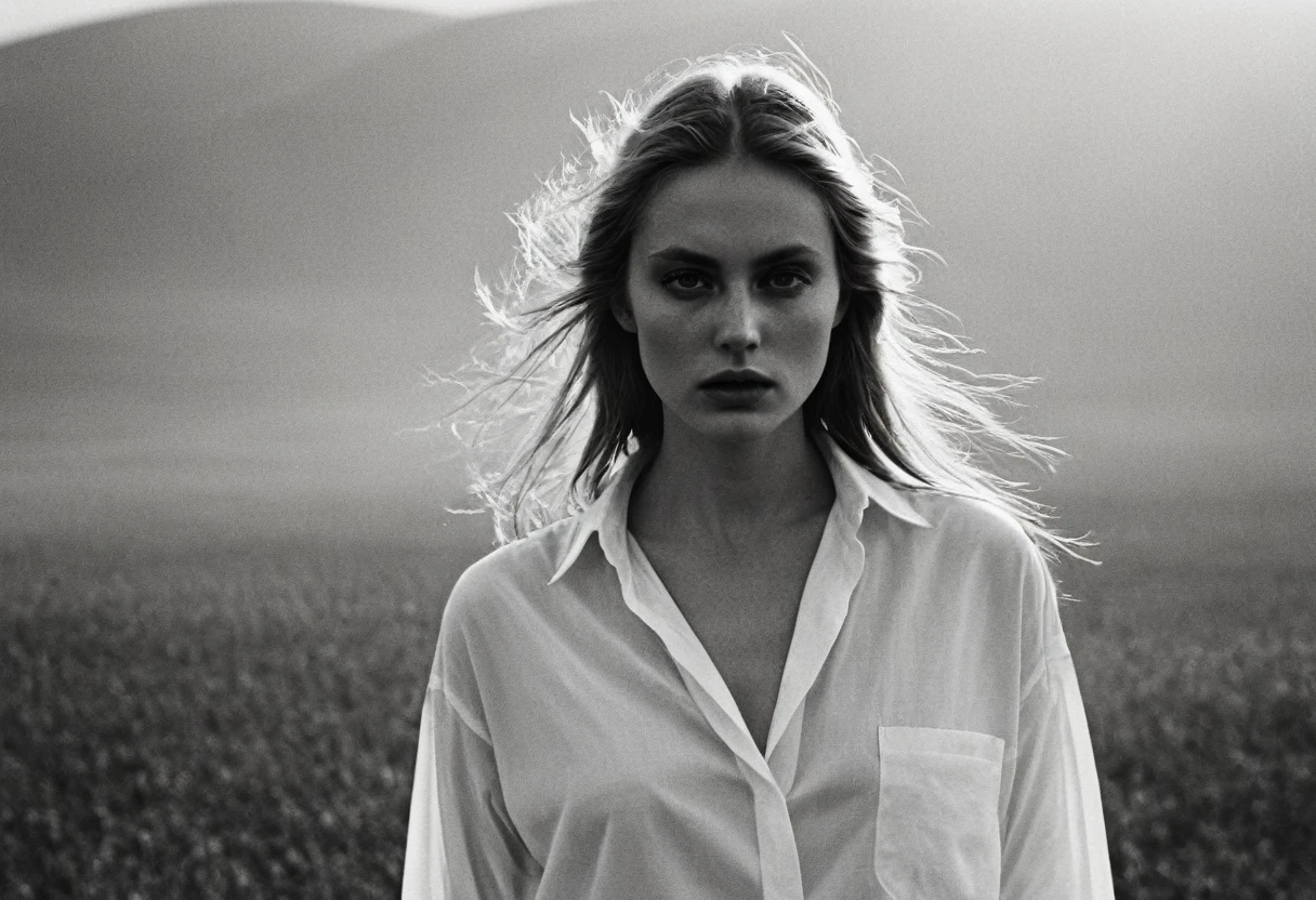 (dark mood masterpiece Photography by Mario Giacomelli:1.2), evil slavic woman, pale skin, long dark blond hair, Stunning b&w 35mm full body photo of a beautiful, perfecteyes, dark circles under eyes, highly detailed skin, (lightest freckles:0.9), standing in a casual pose with her hands on her nipples. wearing (wide-open:1.34) white_silk_shirt. unbuttoned shirt. (nipslip:1.4). a loose-fitting oversized men's unbuttoned shirt, open white business shirt. intricate poses by ruth bernhard. (Photography and style by ruth bernhard). 35mm, Hasselblad. capturing fashion-forward visuals, creating visual impact,evoking emotion,pushing creative boundaries. golden hour, shot from the side, playful pose, god rays,artistic photoshoot