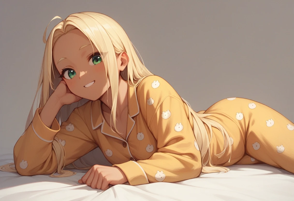  tanned girl measuring 168cm blonde with long hair and bare forehead warm green eyes quite outgoing and very happy playing video games in pajamas