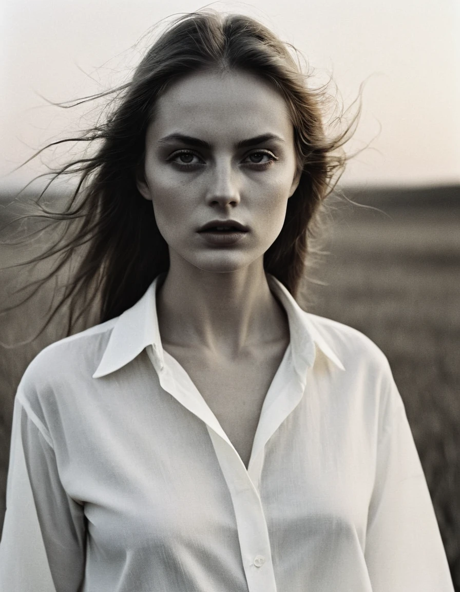 (dark mood masterpiece Photography by Mario Giacomelli:1.2), evil slavic woman, pale skin, long dark blond hair, Stunning b&w 35mm full body photo of a beautiful, perfecteyes, dark circles under eyes, highly detailed skin, (lightest freckles:0.9), standing in a casual pose with her hands on her nipples. wearing (wide-open:1.34) white_silk_shirt. unbuttoned shirt. (nipslip:1.4). a loose-fitting oversized men's unbuttoned shirt, open white business shirt. intricate poses by ruth bernhard. (Photography and style by ruth bernhard). 35mm, Hasselblad. capturing fashion-forward visuals, creating visual impact,evoking emotion,pushing creative boundaries. golden hour, shot from the side, playful pose, god rays,artistic photoshoot