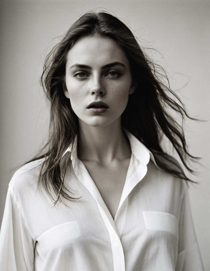 (dark mood masterpiece Photography by Mario Giacomelli:1.2), evil slavic woman, pale skin, long dark blond hair, Stunning b&w 35mm full body photo of a beautiful, perfecteyes, dark circles under eyes, highly detailed skin, (lightest freckles:0.9), standing in a casual pose with her hands on her nipples. wearing (wide-open:1.34) white_silk_shirt. unbuttoned shirt. (nipslip:1.4). a loose-fitting oversized men's unbuttoned shirt, open white business shirt. intricate poses by ruth bernhard. (Photography and style by ruth bernhard). 35mm, Hasselblad. capturing fashion-forward visuals, creating visual impact,evoking emotion,pushing creative boundaries. golden hour, shot from the side, playful pose, god rays,artistic photoshoot