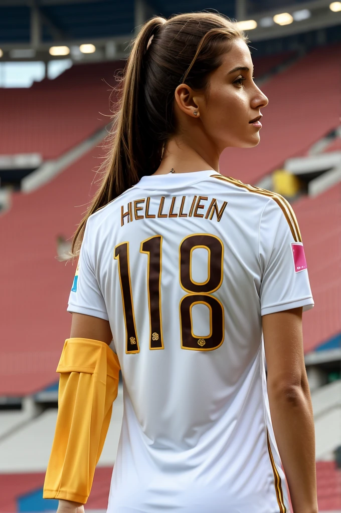 Animated poster of a woman in the stadium with her back white skin, Long light brown hair, with the Colombian national team shirt on the shirt is the number 18 and the name Hellen
