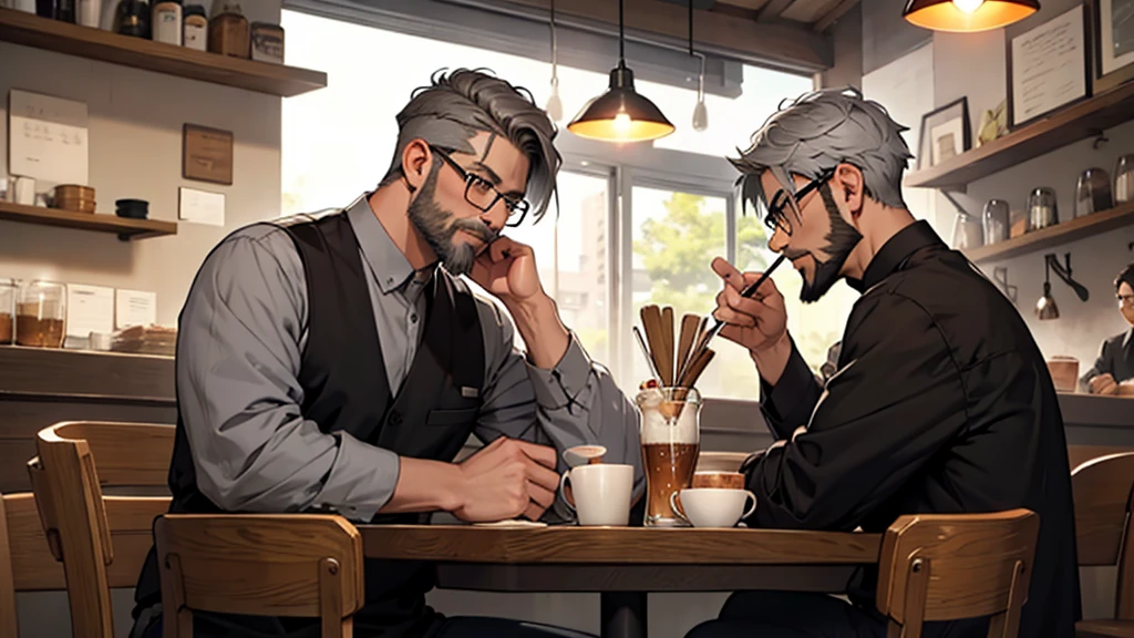Gray short hair、Glasses、Beard、One person、Master、Cafe