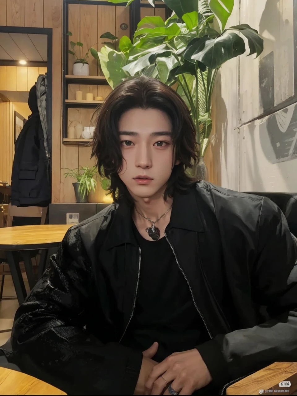 8K, best qualityer, work of art:1.2), ultra detali, work of art, realistic lighting,work of art, best qualityer, work of art, offcial art,Extremely detailed CG 8k unity wallpaper, beautiful detailed eyes, light on the face, 1 jungkook, trunk, pilot_suit, windbreaker, long hair, jeon Jungkook, BTS, Korean boy, no tattoo, Asian
