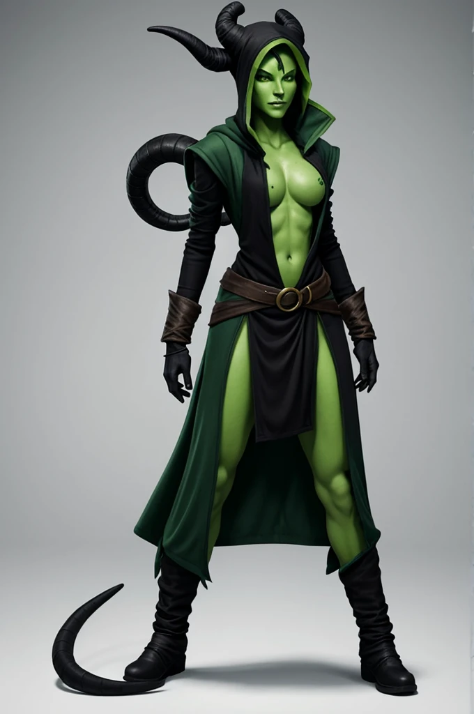 Female Tiefling Thief with green skin, full-length, in black baggy clothes, On a white background