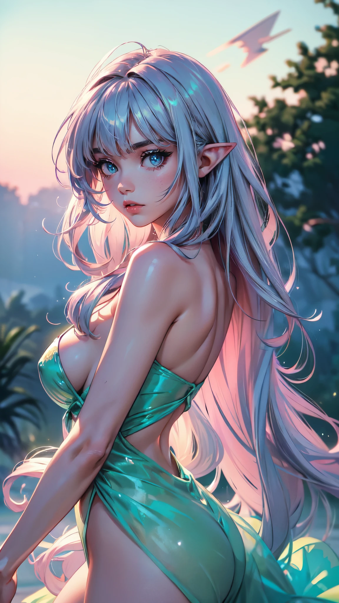 (fluorescent colors:1.4), candy world Disney land ethereal soft fluffy soft landscape forest Pastel pink sky green blue sparkle ethereal light pastel whimsical light rainbow stars diamonds sparkle gemstone background hyper realistic Ultra quality cinematic lighting immense detail Full hd Well lit, diagonal bangs, sexy clothes, on side masterpiece, best quality, realskin, 1girl, blunt bangs, long hair, ((best quality:1.7)), (detailed:1.4), highres k, (high res:1.4), 8k, clean, cinematic lighting, beautiful eyes + detail, beautiful hair + detail, 1girl, sexy young female body:1.3,detailed eyes, detaield hands, detailed face, elf woman