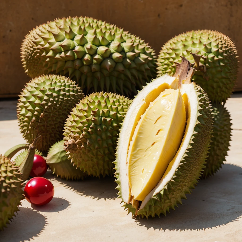 Open durian. Red bead inside