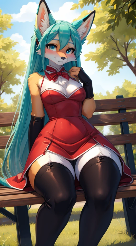 Hatsune miku vixen aqua fur, fox face elongated snoutMasterpiece High quality High resolution、Anna Tanaka , broad, Sit with your knees bent、Eight-headed body、beauty legs 、on a park bench add_detailsl,As if looking up from below、embarrassed add_detail:1, very horny teen, horny expresion face add_detailsl, bitch in heat, bleding add_detailsl, sugestive red dress add_details, lycra thigh high stockings, tight, wide hips add_detailsl 