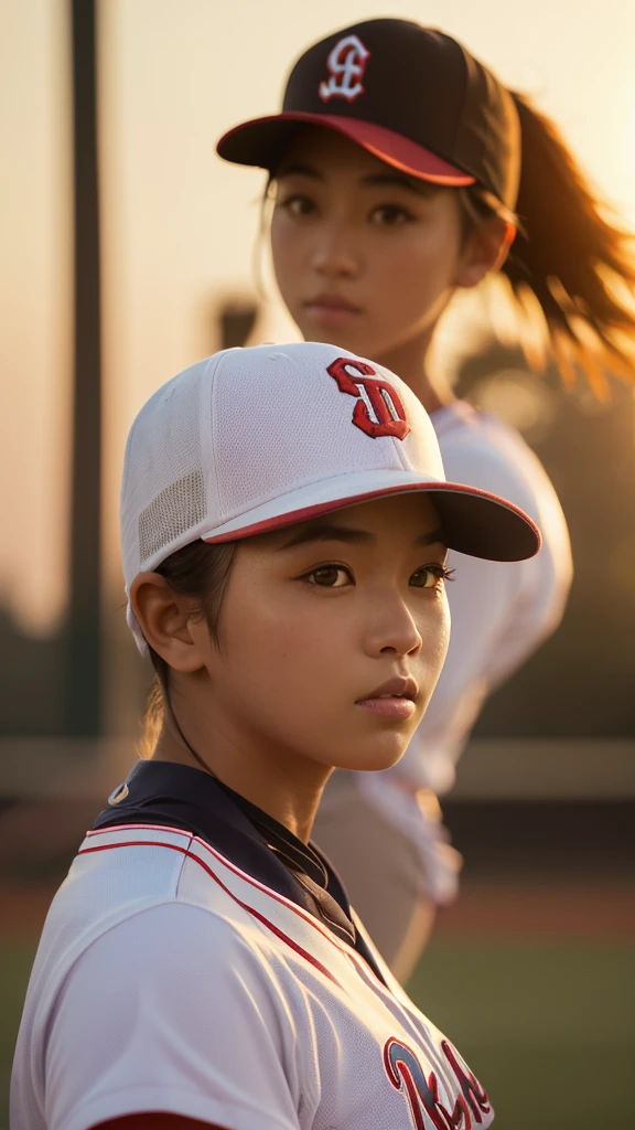 a woman baseball player,pitcher,photo realistic,she is pitching,front view,dogers,glowing skin, Sony α7, 35mm Lens, f1.8, film grain, golden hour, soft lighting