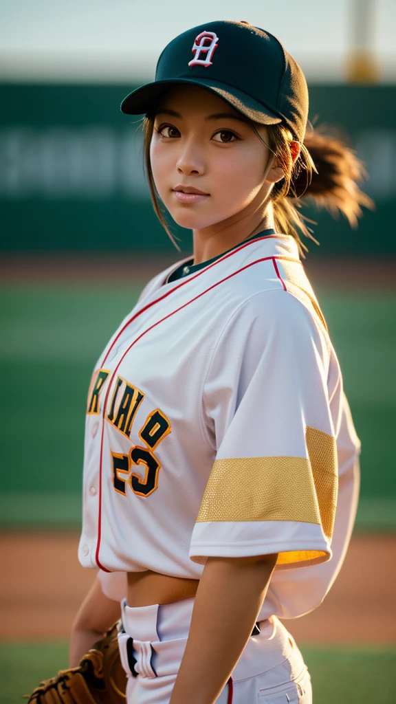 a woman baseball player,pitcher,photo realistic,she is pitching,front view,dogers,glowing skin, Sony α7, 35mm Lens, f1.8, film grain, golden hour, soft lighting