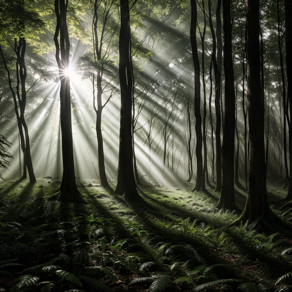 Description: In a secluded forest, a ray of sunlight pierces through the dense canopy, casting an ethereal glow on the forest floor. Amidst the towering trees, mysterious shadows seem to come alive, whispering secrets to those who dare to listen. Capture the enigmatic allure of these whispering shadows and the interplay between light and darkness in this mystical setting.