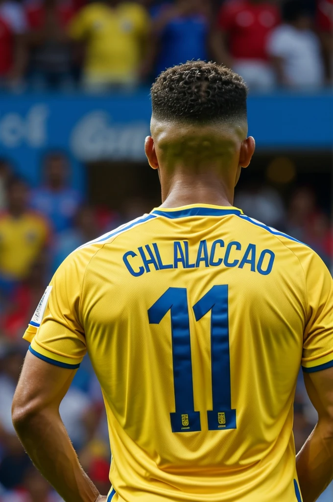 43-year-old man from behind watching a game with the Colombia shirt on where it says guacharaco 10 on the back