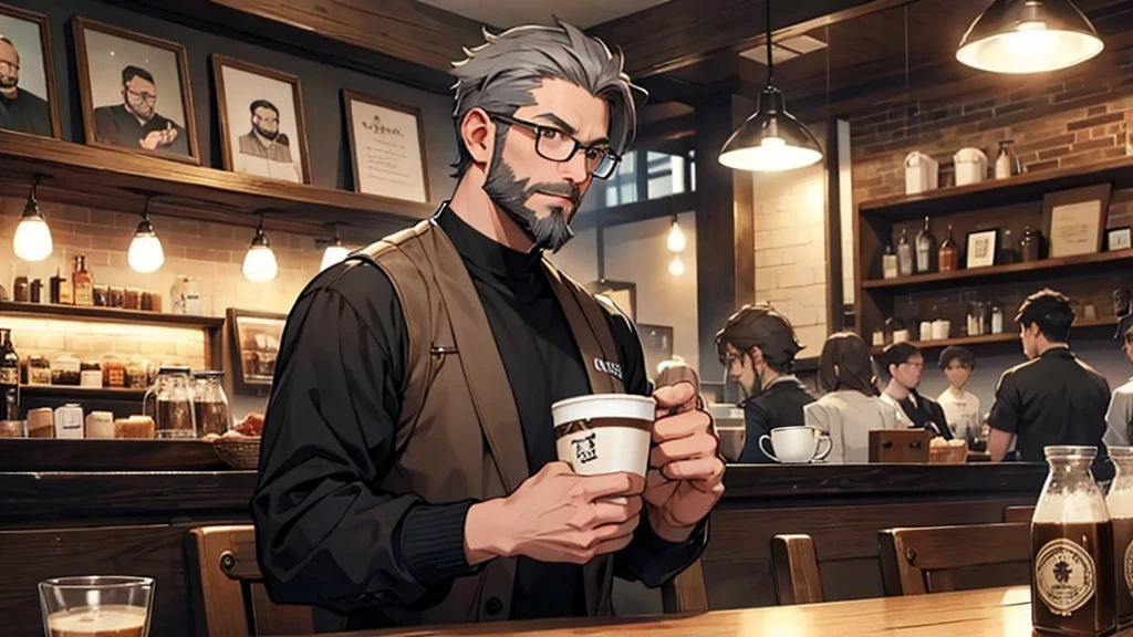 Gray short hair、Glasses、Beard、One person、Master、Cafe、One personでコーヒーを入れる