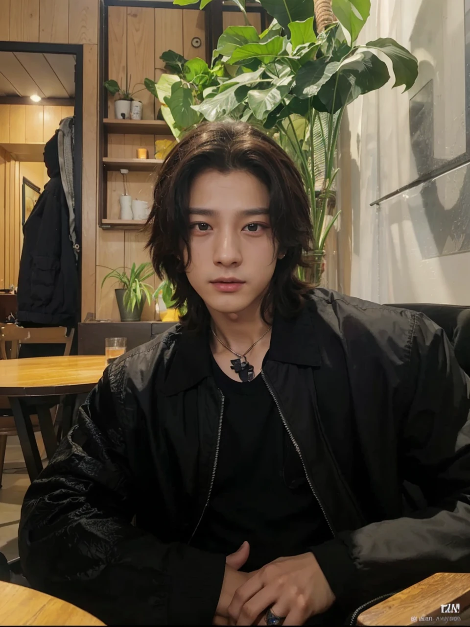 8K, best qualityer, work of art:1.2), ultra detali, work of art, realistic lighting,work of art, best qualityer, work of art, offcial art,Extremely detailed CG 8k unity wallpaper, beautiful detailed eyes, light on the face, 1 jungkook, trunk, pilot_suit, windbreaker, long hair, jeon Jungkook, BTS, Korean boy, no tattoo, Asian, open shirt