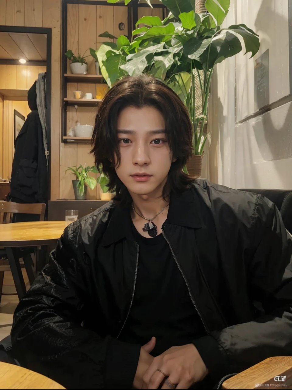8K, best qualityer, work of art:1.2), ultra detali, work of art, realistic lighting,work of art, best qualityer, work of art, offcial art,Extremely detailed CG 8k unity wallpaper, beautiful detailed eyes, light on the face, 1 jungkook, trunk, pilot_suit, windbreaker, long hair, jeon Jungkook, BTS, Korean boy, no tattoo, Asian, open shirt