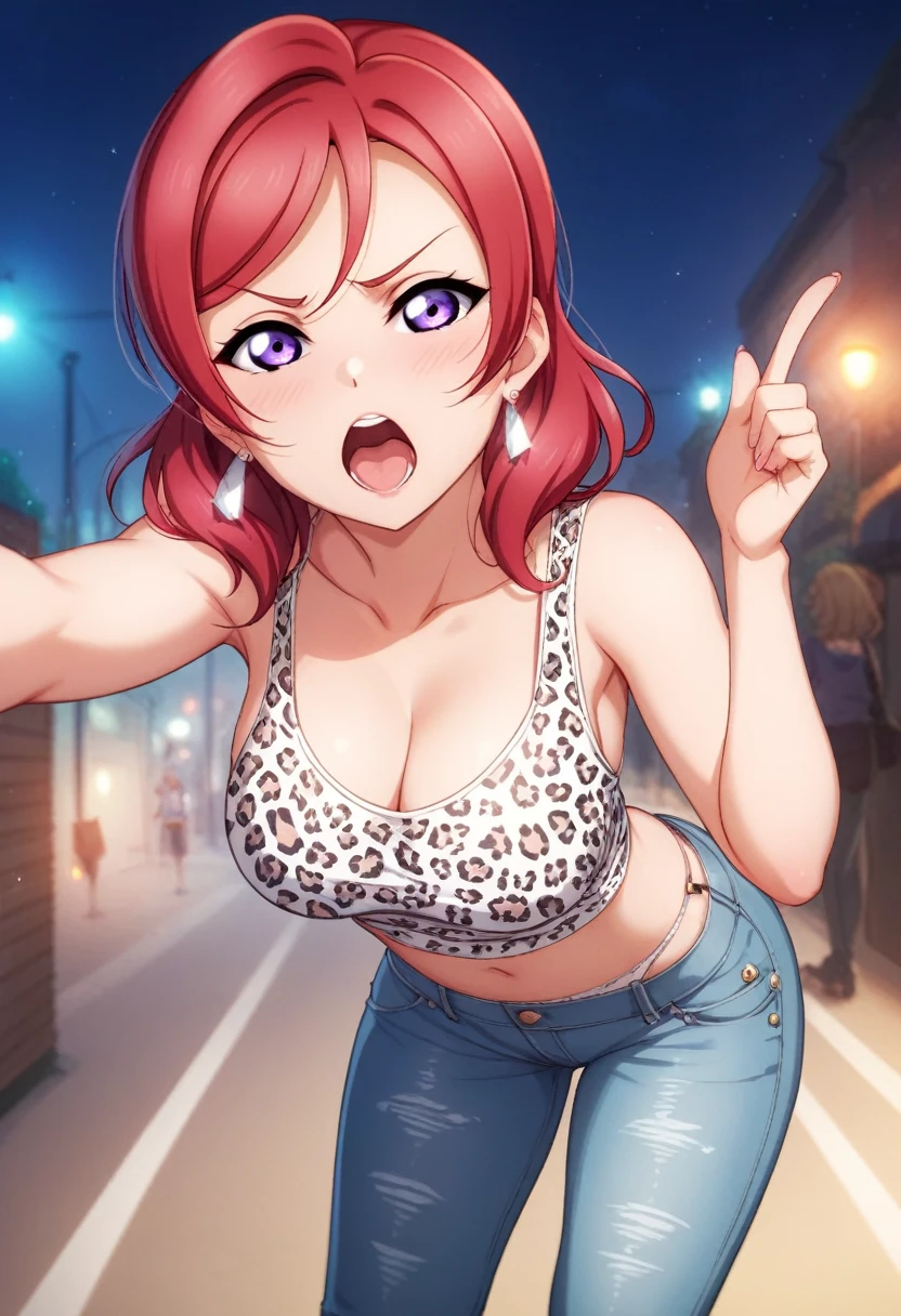 Masterpiece, love live,sexy, breasts,8k wallpaper, looking at viewer, nishikino maki, low waisted jeans pants, white underwear, leopard printed tank top, earrings,in street , leopard panties straps, earrings, purple eyes, standing ,red hair , night , leaning forward, pointing to viewer, open mouth,(angry:0.6)