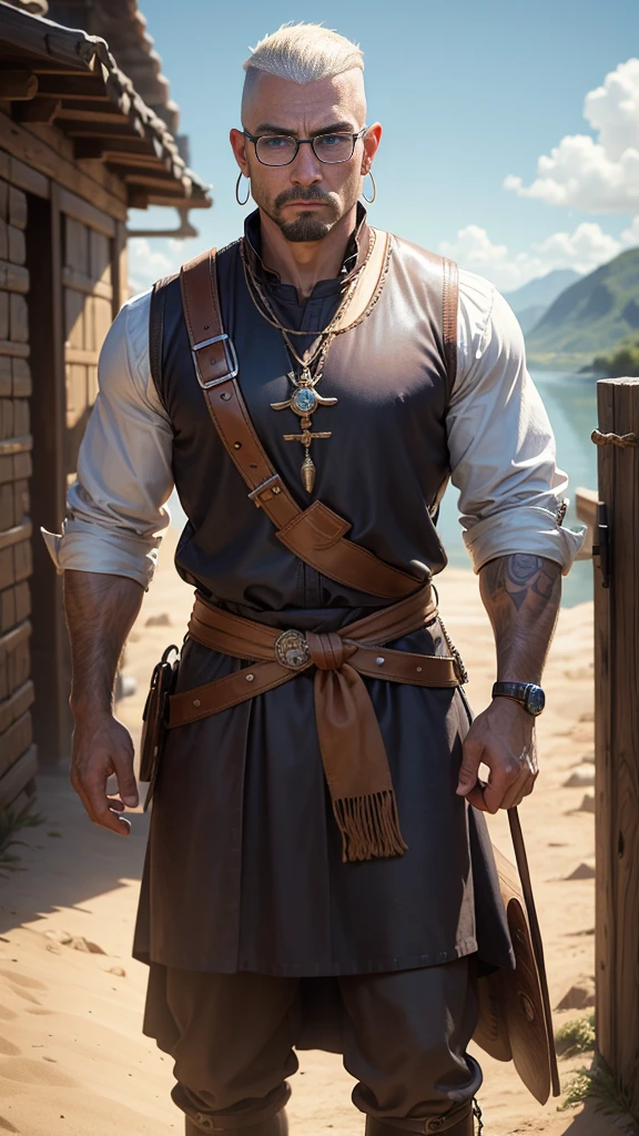 8k, Masterpiece, Best Quality, realist, Very detailed, cowboy shot, 1 chico, Alone, Tetta Kisaki, man, Average height, Blue eyes, by rubio, sports glasses, earring in the left ear, Crew cut and hair shaved on the right side of the head., dress, medieval, Monk,