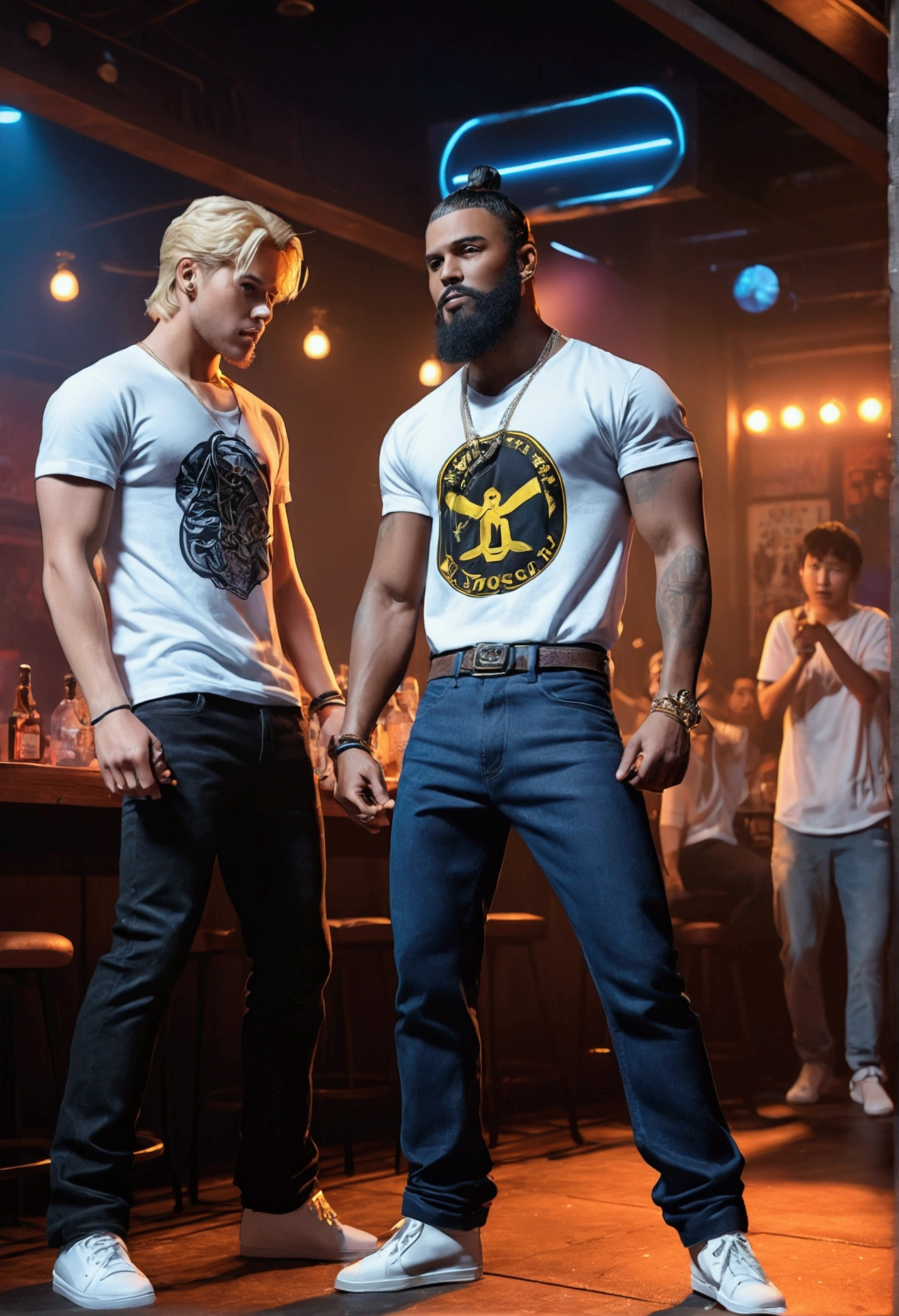 a fierce freestyle battle on stage between two rivals in a manga/anime-style bar full of lively people, detailed character expressions, dramatic lighting, dynamic poses, vibrant colors, intricate backgrounds, (best quality,4k,8k,highres,masterpiece:1.2),ultra-detailed,(Realistic,photoRealistic,photo-Realistic:1.37),hyperRealistic,dramatic lighting,dynamic camera angle,seamless integration of characters and environment,cinematic composition,vibrant neon colors,moody atmosphere,incredible attention to detail  gangstar
in a nightclub on stage there are 2 young people rivals 1 (gangstar) a thin young man with his hair in a ninja-style cut and a well-groomed beard. black denim pants, white t-shirt with the lellenda, LKC company. the other young thin blonde, black t-shirt with blue denim pants. around him people supporting his mc, favorite with hands up, The most surprising thing is that in this parallel world the rhymes come out as powers according to the rhyme. .in a nightclub on stage there are 2 young people. rivals 1 (gangstar) a thin young man with his hair in a ninja-style cut and a well-groomed beard. black denim pants, white t-shirt with the legend, LKC company. emerges victorious from the battle of rhymes. leaving the club. His opponent is waiting for him outside on a lonely street to hit him for losing to him.. but he neither flinches nor fears, he is calm.