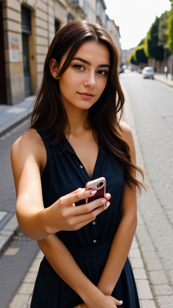 Brune, very beautiful brunette, lovely woman, 20 ans, hands in hair, selfie dans une rue en ete, selfie, 