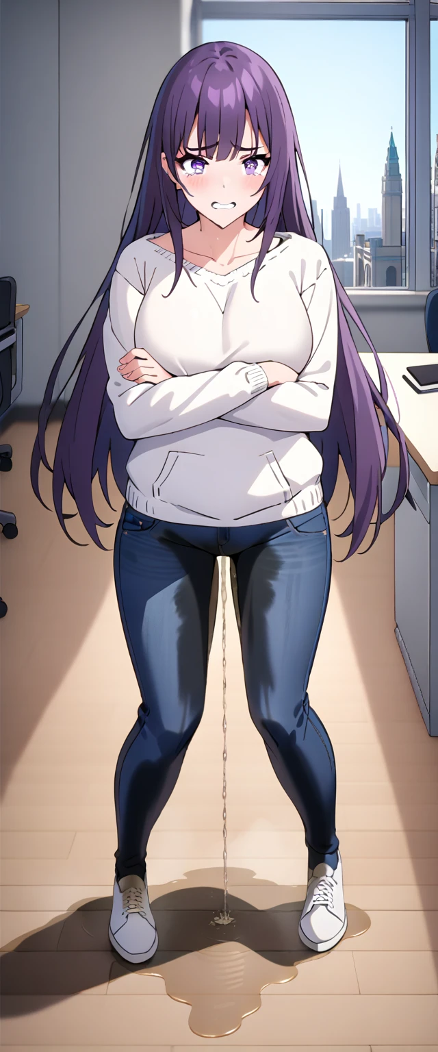 (masterpiece:1.37), best quality, (extremely detailed:1.37), (1girl:1.5), woman, (mature:1.5), (adult:1.5), large breasts, very long hair, (straight hair:1.5), (very dark purple hair:1.5), purple eyes, (extremely detailed eyes:1.37), hoodie, jeans, desperation, (wetting self:2.0), standing, embarrassed, humiliation, blushing, angry, (crossed arms:1.5), office, indoors, window, cityscape, full body