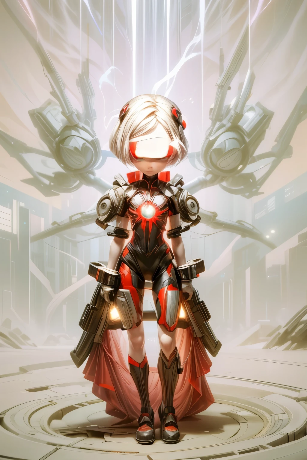 appearence a  girl,red eyes,albino,calm,quiet,cute,pretty,full body,looking ahead,short hair combed back,red outfit,black short,tied hair,spider verse suit,serious look,cyberpunk background 