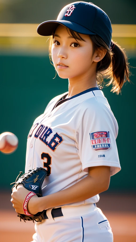 a woman baseball player,pitcher,photo realistic,she is pitching,front view,dogers,glowing skin, Sony α7, 35mm Lens, f1.8, film grain, golden hour, soft lighting