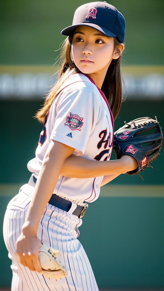 a woman baseball player,pitcher,photo realistic,she is pitching,front view,dogers,glowing skin, Sony α7, 35mm Lens, f1.8, film grain, golden hour, soft lighting